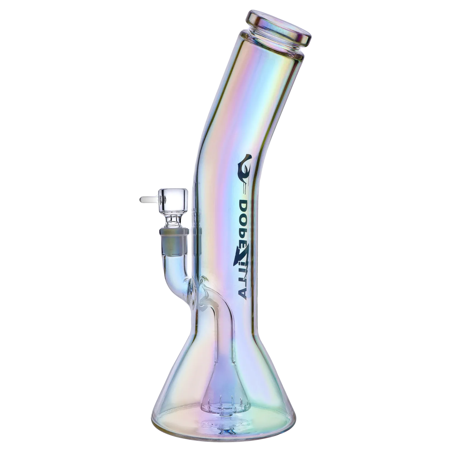 Side view of the iridescent Gryphon Bent Neck Water Pipe 12.2" showing its angled neck, clear bowl joint, and beaker base on a white background