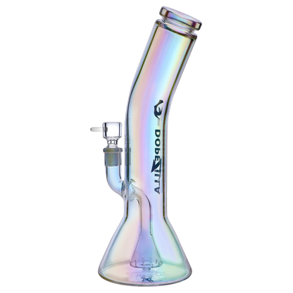 Side view of the iridescent Gryphon Bent Neck Water Pipe 12.2" showing its angled neck, clear bowl joint, and beaker base on a white background