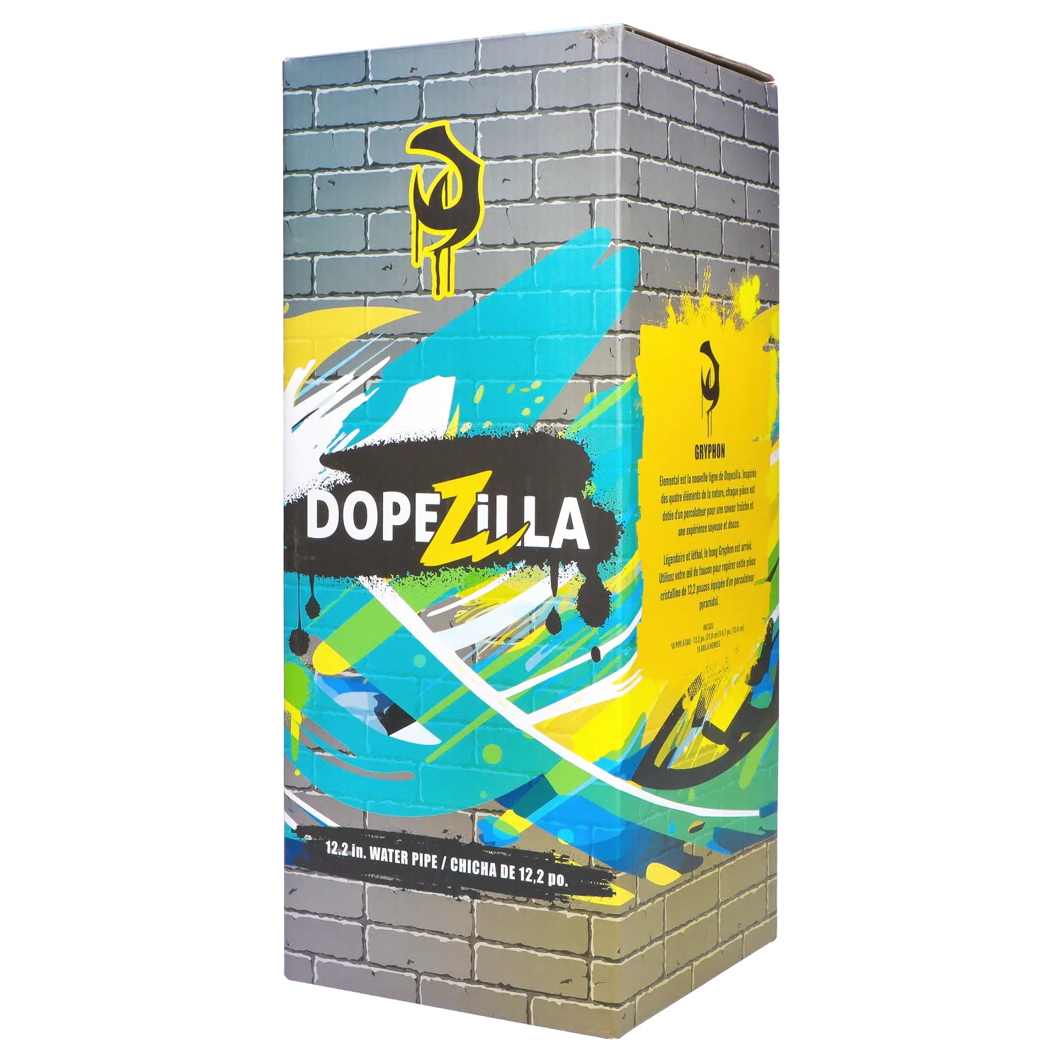 Three-quarter view of the colorful Gryphon Bent Neck Water Pipe 12.2" retail box with graffiti-style blue, yellow, and black artwork.