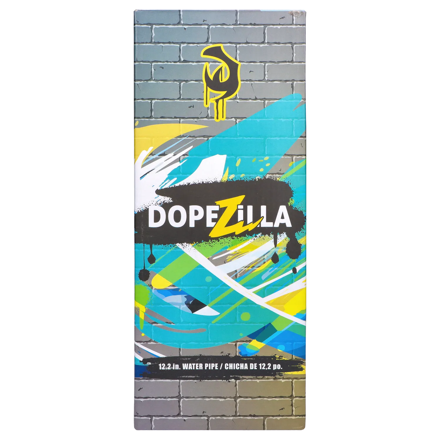 Vertical front view of the colorful graffiti-style box for the Gryphon Bent Neck Water Pipe 12.2", showing brick background, blue and yellow paint swaths, and bold DOPEZILLA logo.