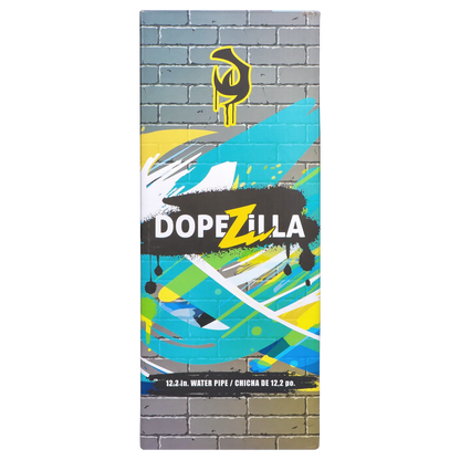 Vertical front view of the colorful graffiti-style box for the Gryphon Bent Neck Water Pipe 12.2", showing brick background, blue and yellow paint swaths, and bold DOPEZILLA logo.