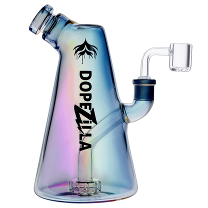 Angled close-up of the iridescent Dopezilla Sylph Dab Rig 7.7" showing its slanted mouthpiece, side joint and bold vertical logo.