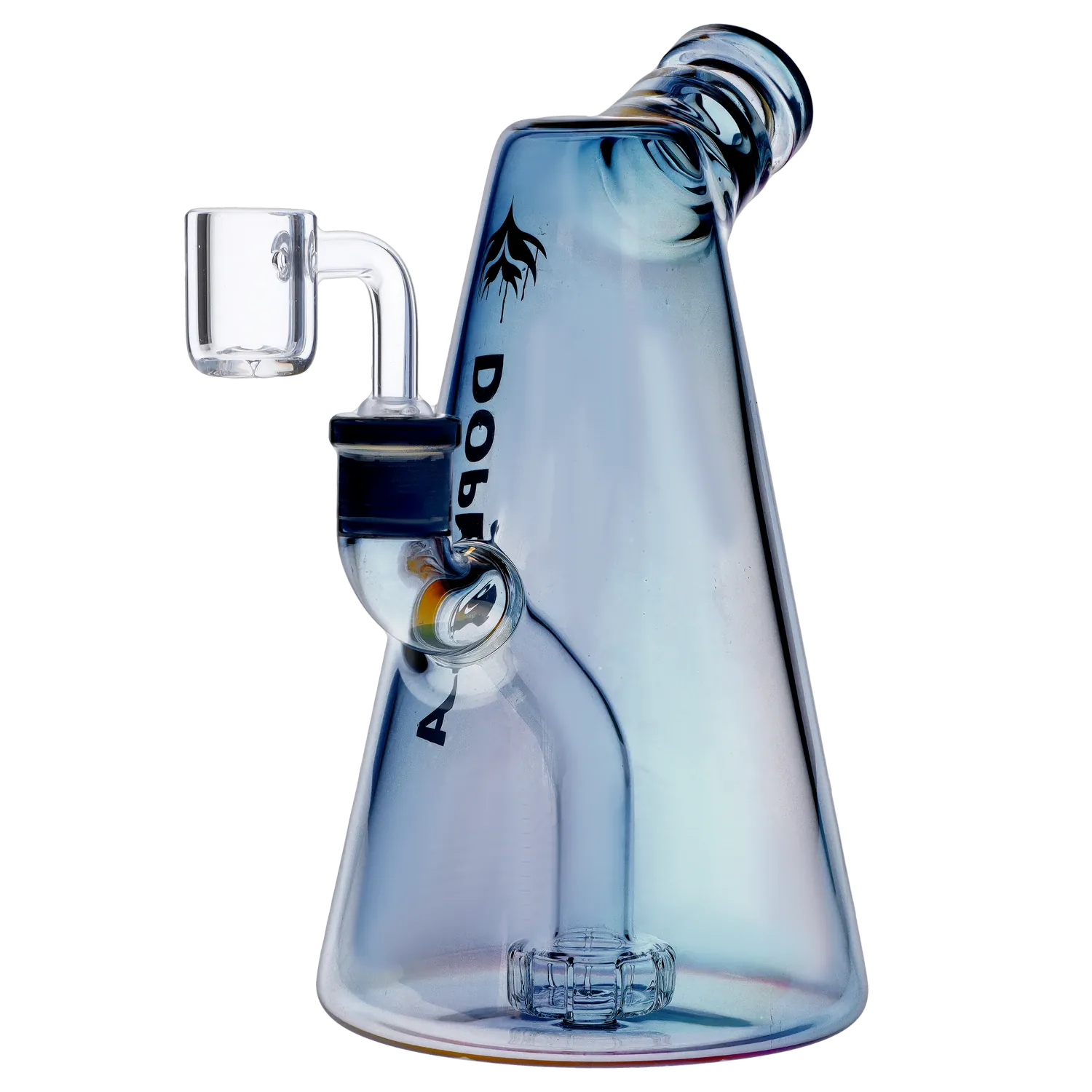 Three-quarter view of the iridescent blue Dopezilla Sylph Dab Rig 7.7" showing its angled mouthpiece, clear quartz banger, and conical base.