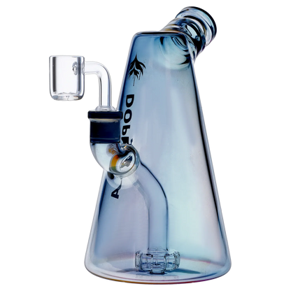 Three-quarter view of the iridescent blue Dopezilla Sylph Dab Rig 7.7" showing its angled mouthpiece, clear quartz banger, and conical base.