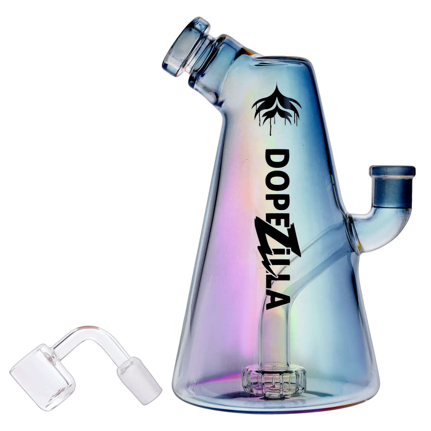 Side profile of the iridescent Dopezilla Sylph Dab Rig 7.7" showing its angled mouthpiece, logo on the body, and removable quartz banger beside it.