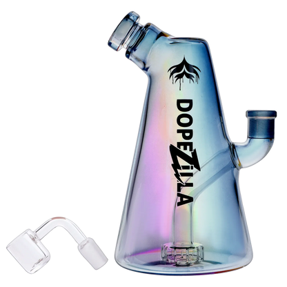 Side profile of the iridescent Dopezilla Sylph Dab Rig 7.7" showing its angled mouthpiece, logo on the body, and removable quartz banger beside it.