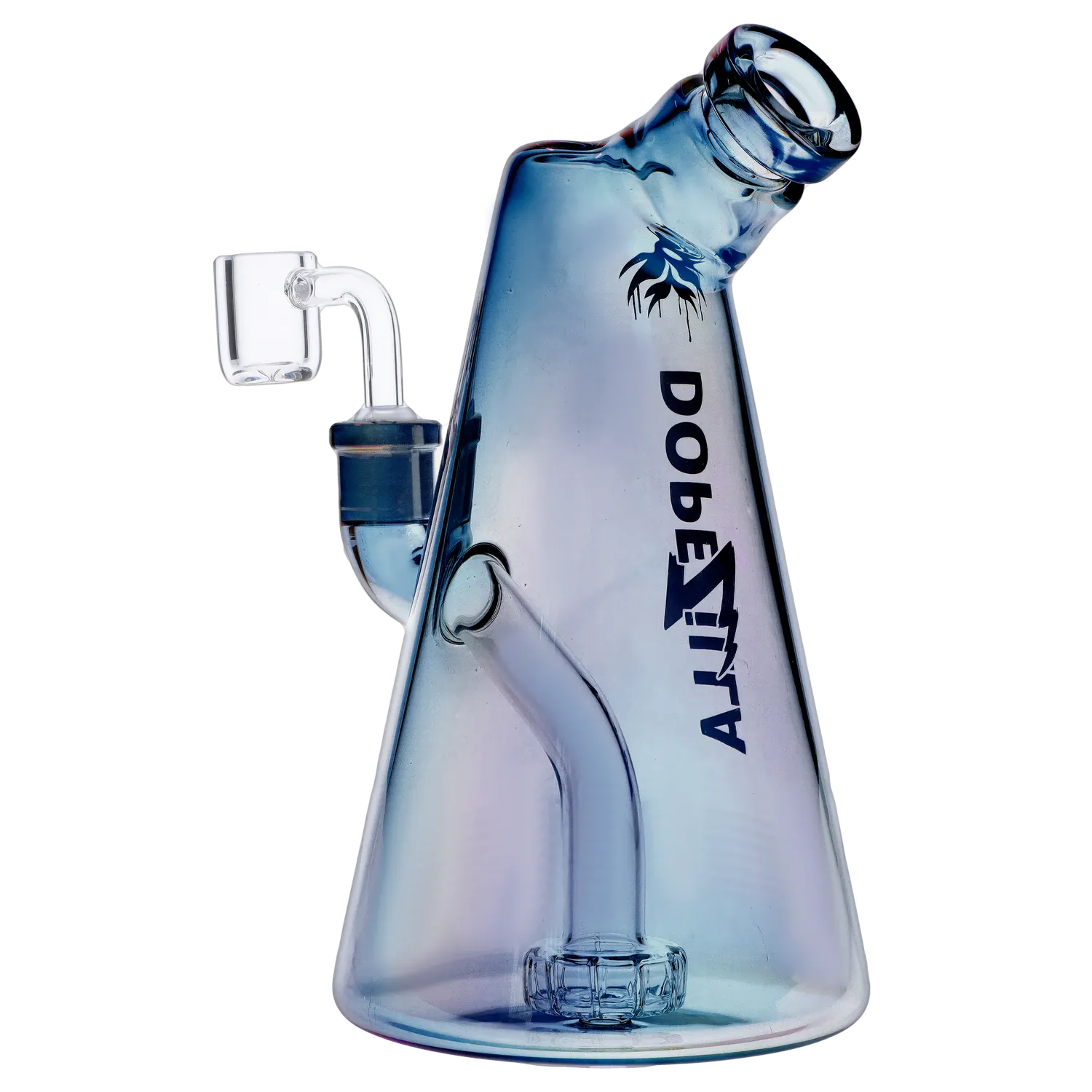 Angled close-up of the blue-tinted Dopezilla Sylph Dab Rig 7.7" showing its slanted mouthpiece, side decal, and clear quartz banger.