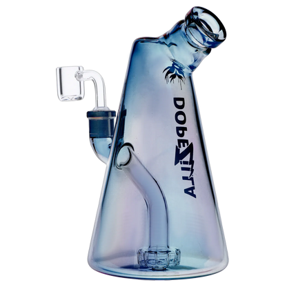Angled close-up of the blue-tinted Dopezilla Sylph Dab Rig 7.7" showing its slanted mouthpiece, side decal, and clear quartz banger.