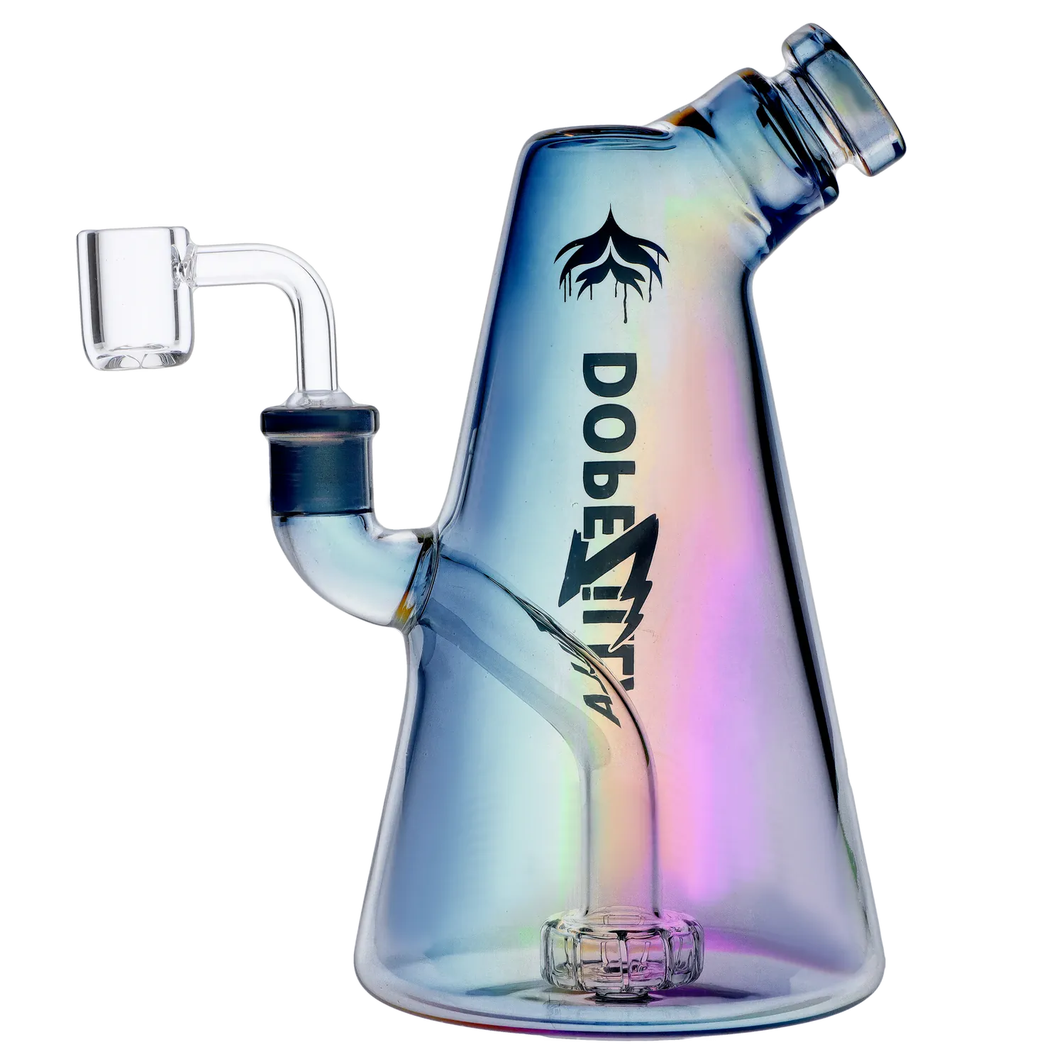 Close-up right-side view of the iridescent Dopezilla Sylph Dab Rig 7.7" showing its angled mouthpiece, side joint, and stamped logo.