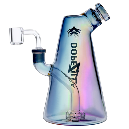 Close-up right-side view of the iridescent Dopezilla Sylph Dab Rig 7.7" showing its angled mouthpiece, side joint, and stamped logo.