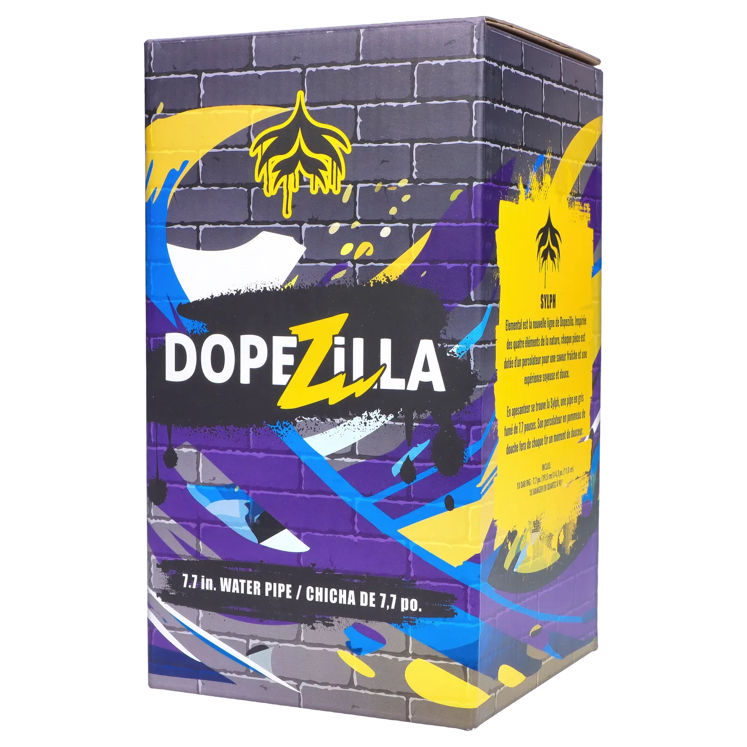 Three-quarter view of the colorful Dopezilla Sylph Dab Rig 7.7" retail box featuring graffiti-style purple, yellow and blue artwork on a brick background.