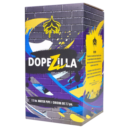 Three-quarter view of the colorful Dopezilla Sylph Dab Rig 7.7" retail box featuring graffiti-style purple, yellow and blue artwork on a brick background.