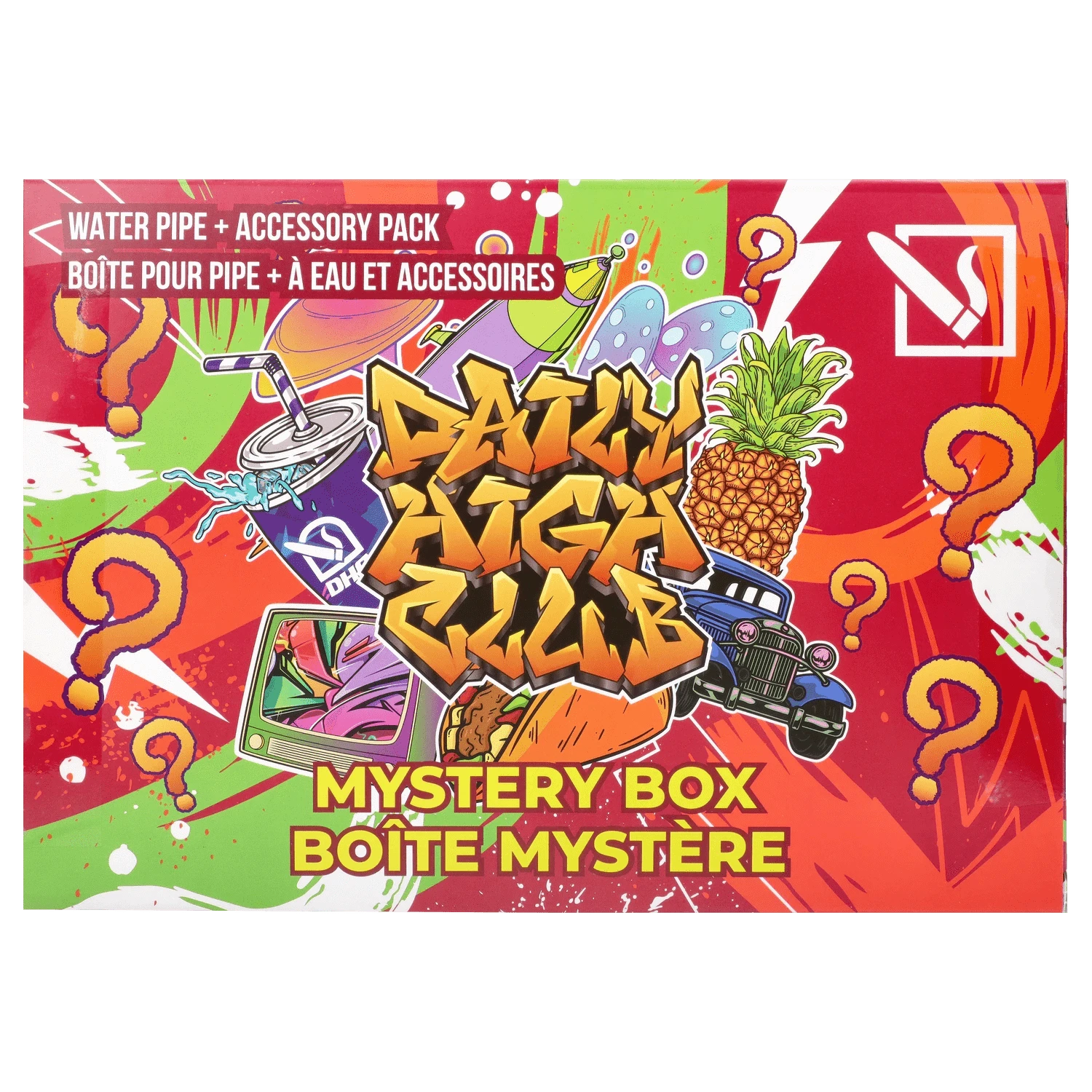 Front view of the DHC - Mystery Box - Bootlegger - Tangerine packaging, displaying a colorful, illustrative design with vibrant splashes.
