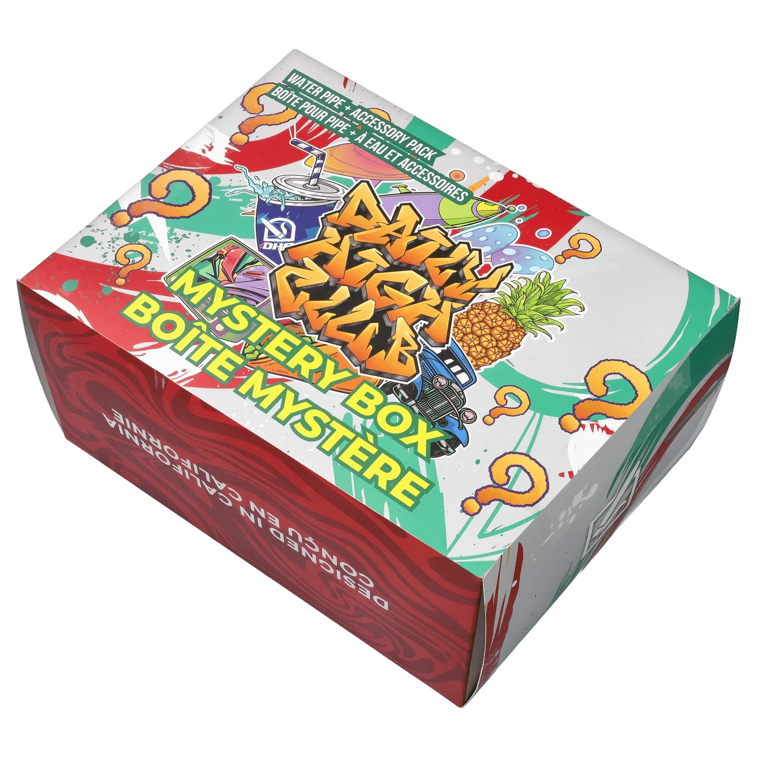 Front view of the DHC - Mystery Box - Game On! - Pomegranate, showcasing colorful graphics on a square box.