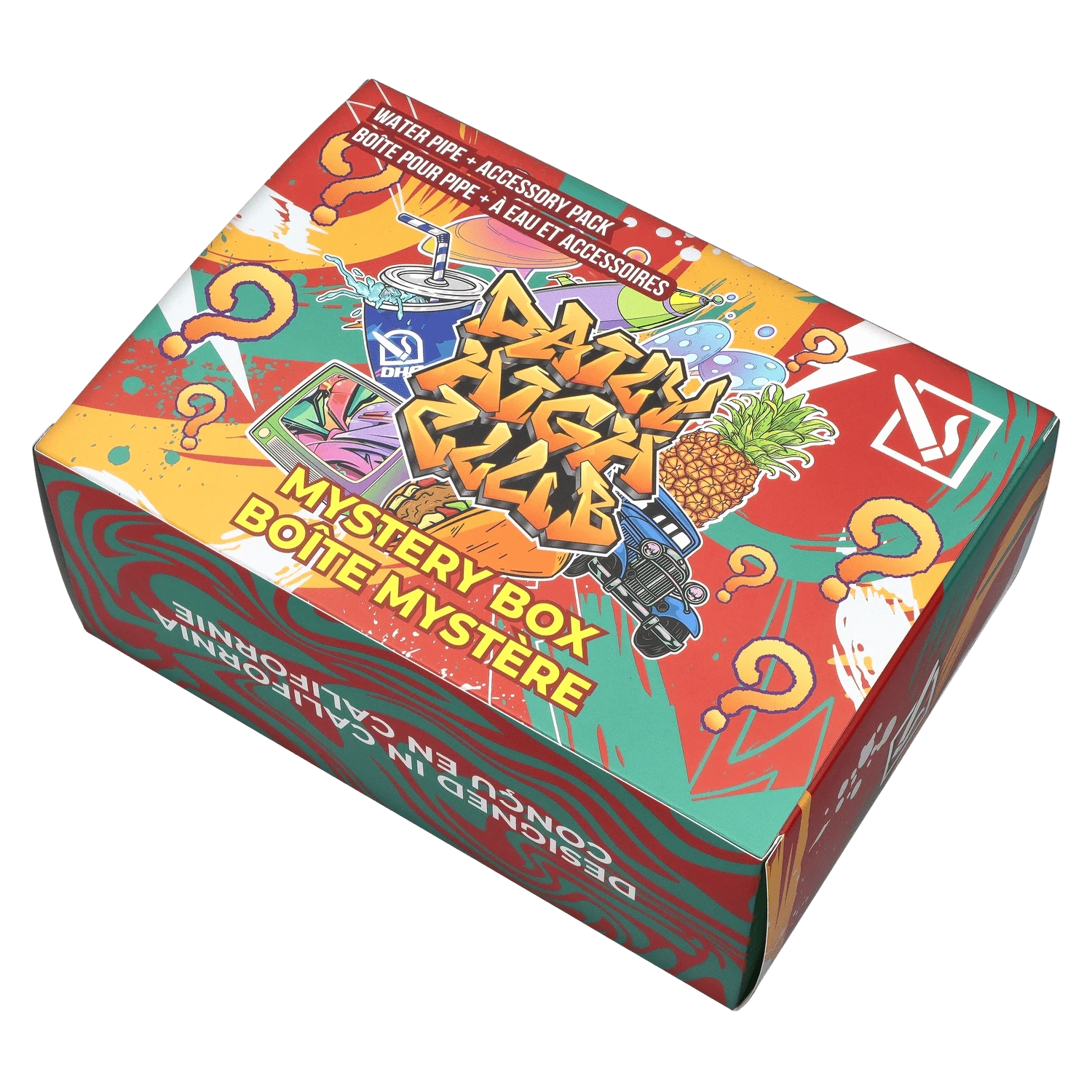 Angled top view of the colorful DHC - Mystery Box - Halloweed showing graffiti-style artwork, pineapples, a soda cup, question marks, and bold "Mystery Box" text.