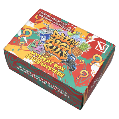 Angled top view of the colorful DHC - Mystery Box - Halloweed showing graffiti-style artwork, pineapples, a soda cup, question marks, and bold "Mystery Box" text.