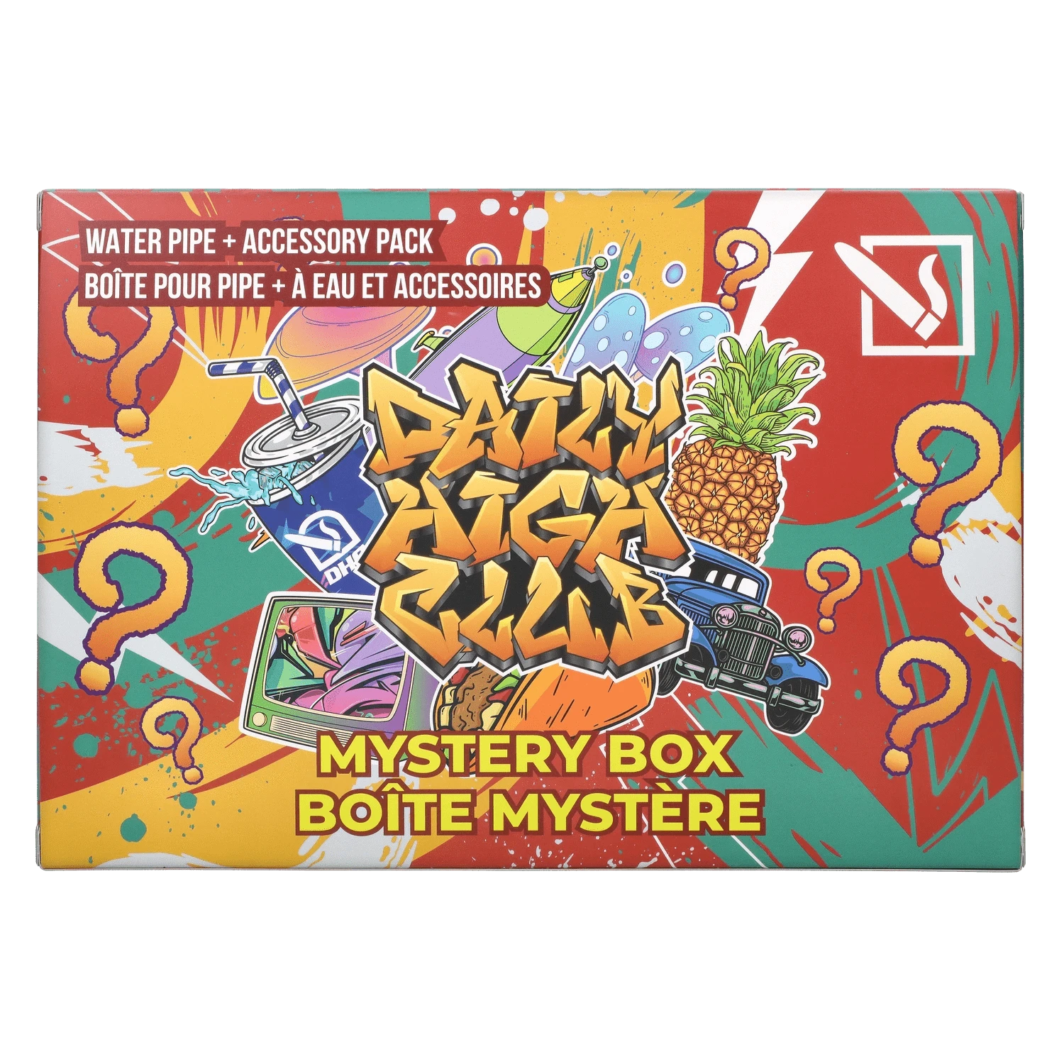 Top-down view of the colorful DHC - Mystery Box - Halloweed packaging featuring graffiti-style lettering, pineapple and car illustrations, and scattered question marks.