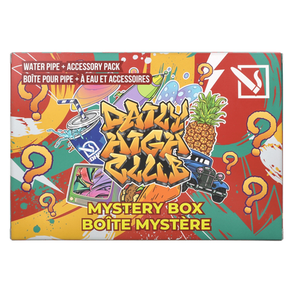 Top-down view of the colorful DHC - Mystery Box - Halloweed packaging featuring graffiti-style lettering, pineapple and car illustrations, and scattered question marks.