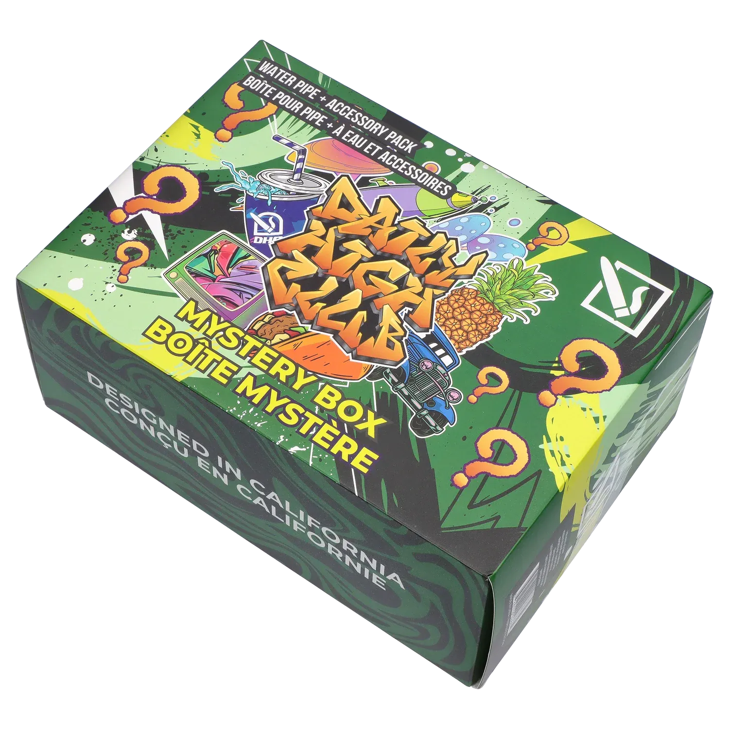 Angled top-down view of the colorful DHC - Mystery Box - Abominable 2.0 with graffiti graphics, pineapple illustration, and question marks.