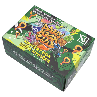 Angled top-down view of the colorful DHC - Mystery Box - Abominable 2.0 with graffiti graphics, pineapple illustration, and question marks.