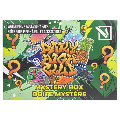 Top-down view of a colorful graffiti-style box front labeled "DHC - Mystery Box - Abominable 2.0" featuring bold "Daily High Club" lettering, a pineapple, vintage car and question marks.