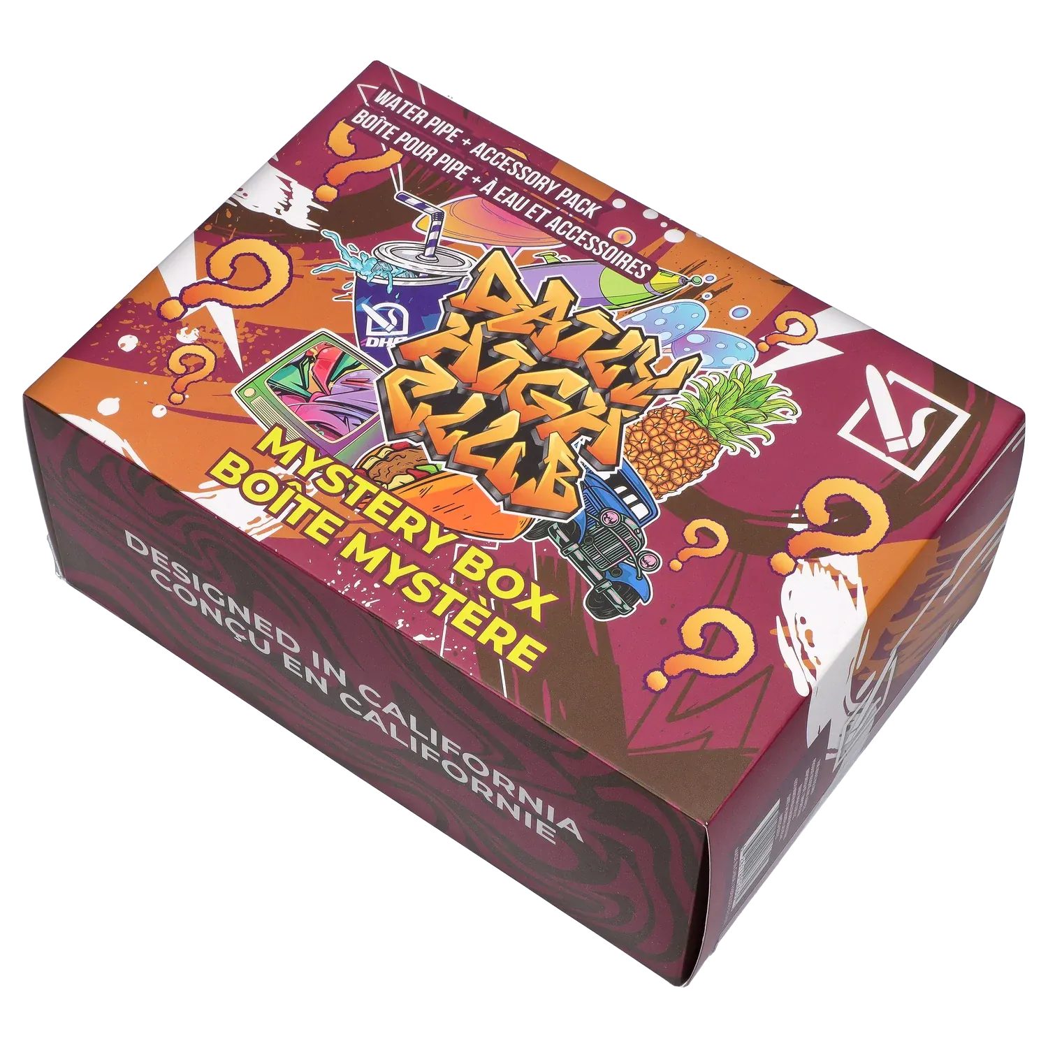 Angled top-down view of the colorful DHC - Mystery Box - Happy Holi-blaze showing graffiti-style artwork, pineapple and car illustrations, and question marks.