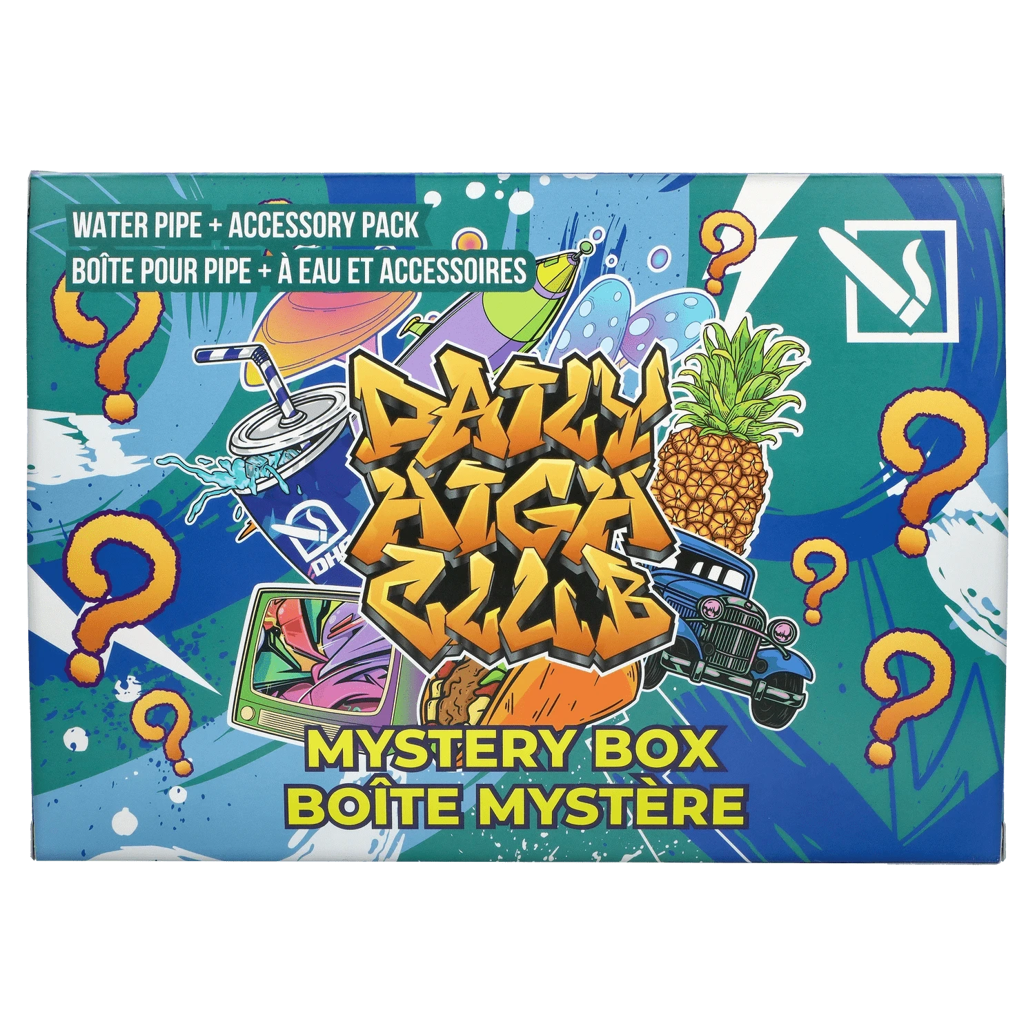 Top-down view of the colorful DHC - Mystery Box - Feast Mode packaging with graffiti-style graphics, a pineapple, retro car and question marks.