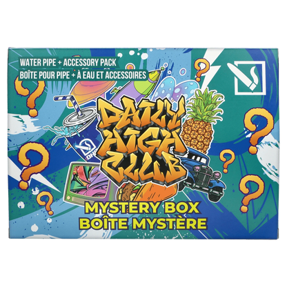 Top-down view of the colorful DHC - Mystery Box - Feast Mode packaging with graffiti-style graphics, a pineapple, retro car and question marks.