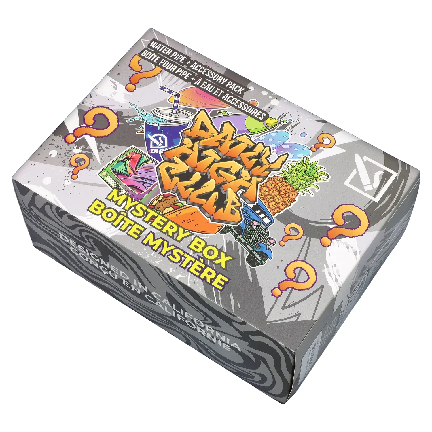Angled top-down view of the colorful DHC - Mystery Box - Stoner Age showing graffiti-style graphics, a pineapple, drink cup, car illustration and question marks.