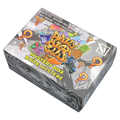 Angled top-down view of the colorful DHC - Mystery Box - Stoner Age showing graffiti-style graphics, a pineapple, drink cup, car illustration and question marks.