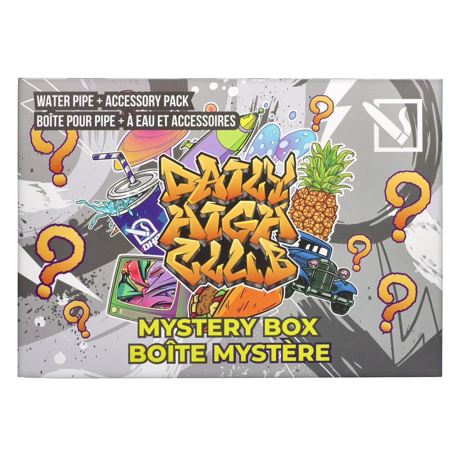 Top view of the colorful DHC - Mystery Box - Stoner Age box front with graffiti-style graphics, pineapple, car and question marks.