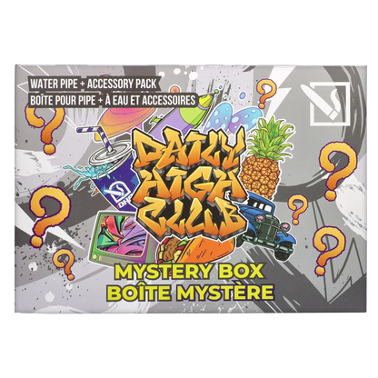 Top view of the colorful DHC - Mystery Box - Stoner Age box front with graffiti-style graphics, pineapple, car and question marks.