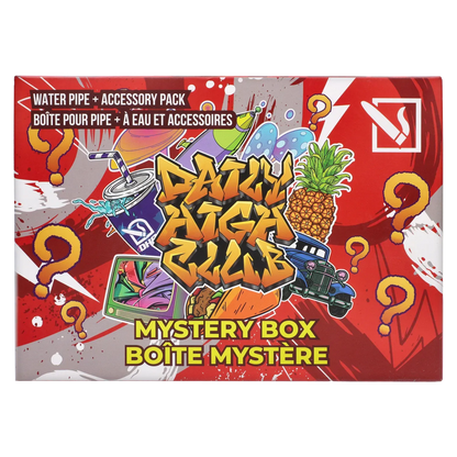 Top-down view of a colorful red box front with graffiti art and pineapple motifs labeled DHC - Mystery Box - Spaced Out.