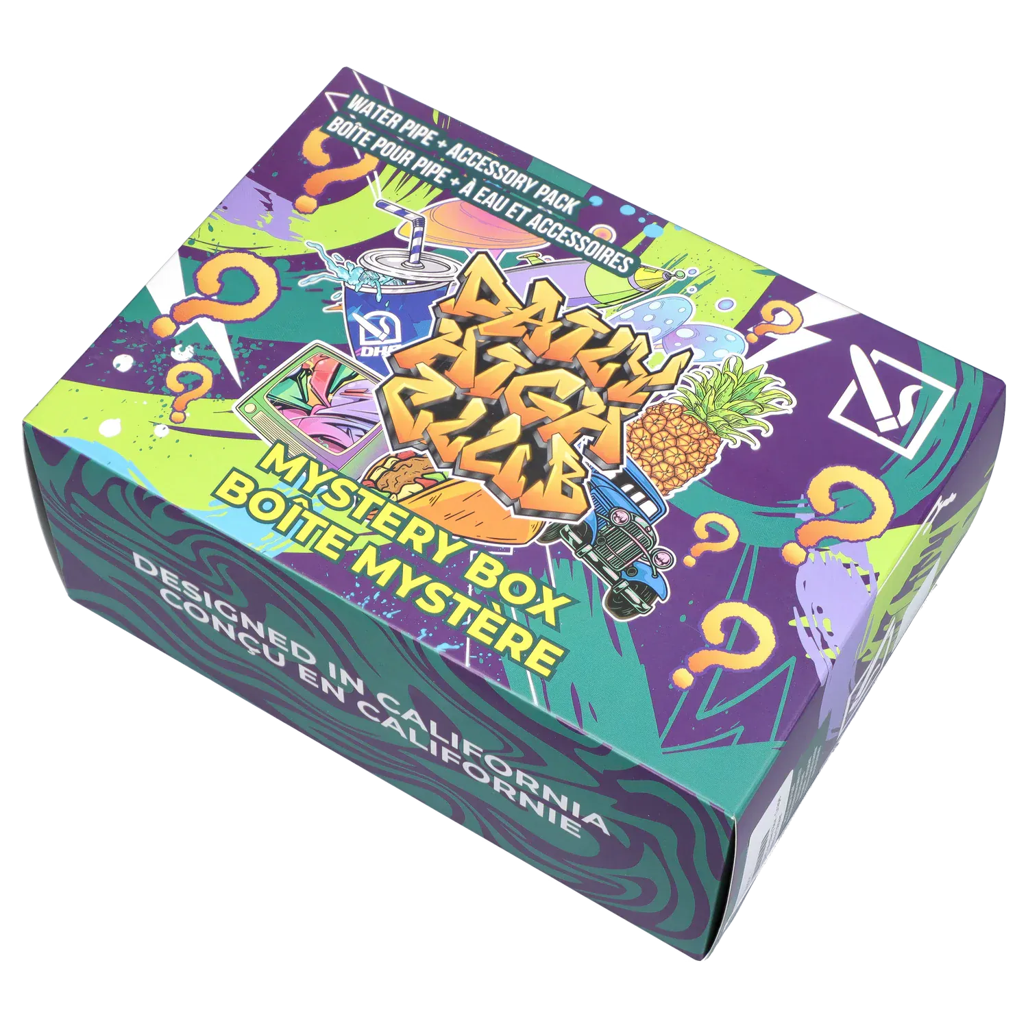 Angled top-down view of the colorful DHC - Mystery Box - Dank Desert showing graffiti-style art, a pineapple, question marks, and bold "Mystery Box" text.