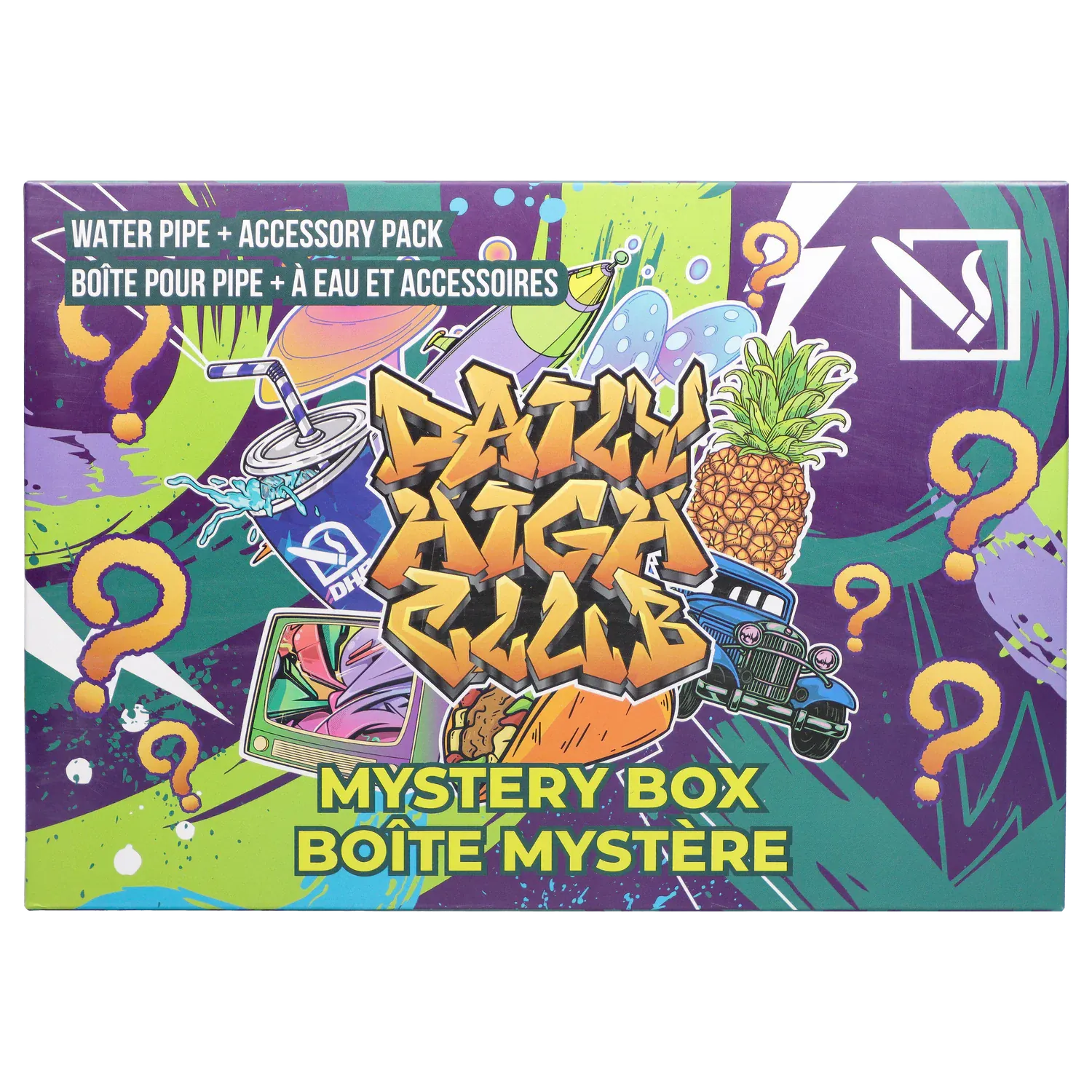 Top-down view of the colorful DHC - Mystery Box - Dank Desert packaging featuring graffiti-style "Daily High Club" lettering, a pineapple, car illustration, and scattered question marks.