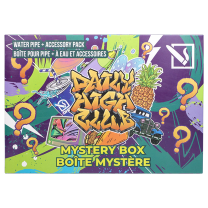 Top-down view of the colorful DHC - Mystery Box - Dank Desert packaging featuring graffiti-style "Daily High Club" lettering, a pineapple, car illustration, and scattered question marks.