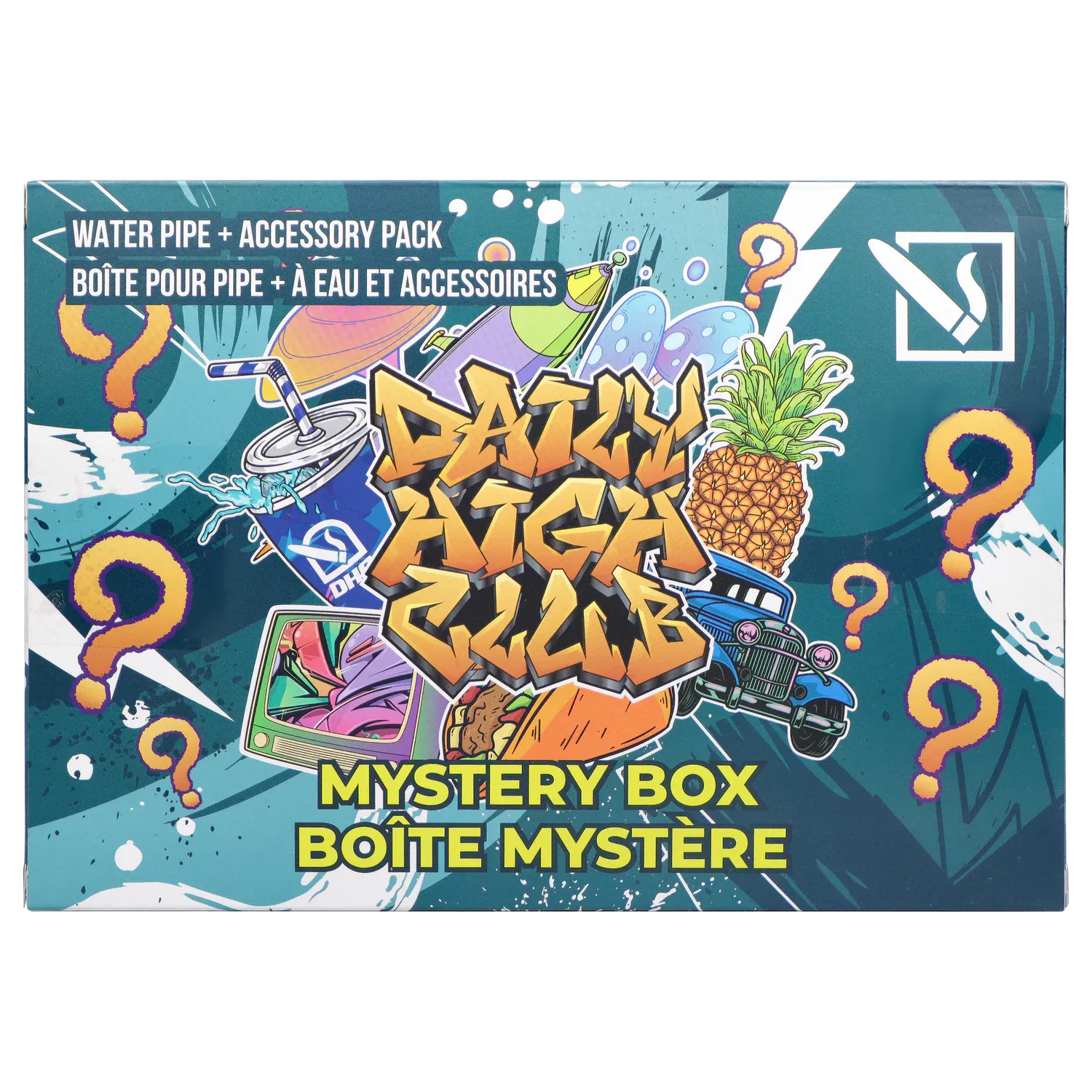 Front-facing illustrated box top with graffiti-style graphics and question marks, showing the DHC - Mystery Box - Boba & Blaze logo amid a pineapple, retro car and drink.