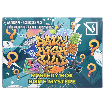 Front-facing illustrated box top with graffiti-style graphics and question marks, showing the DHC - Mystery Box - Boba & Blaze logo amid a pineapple, retro car and drink.