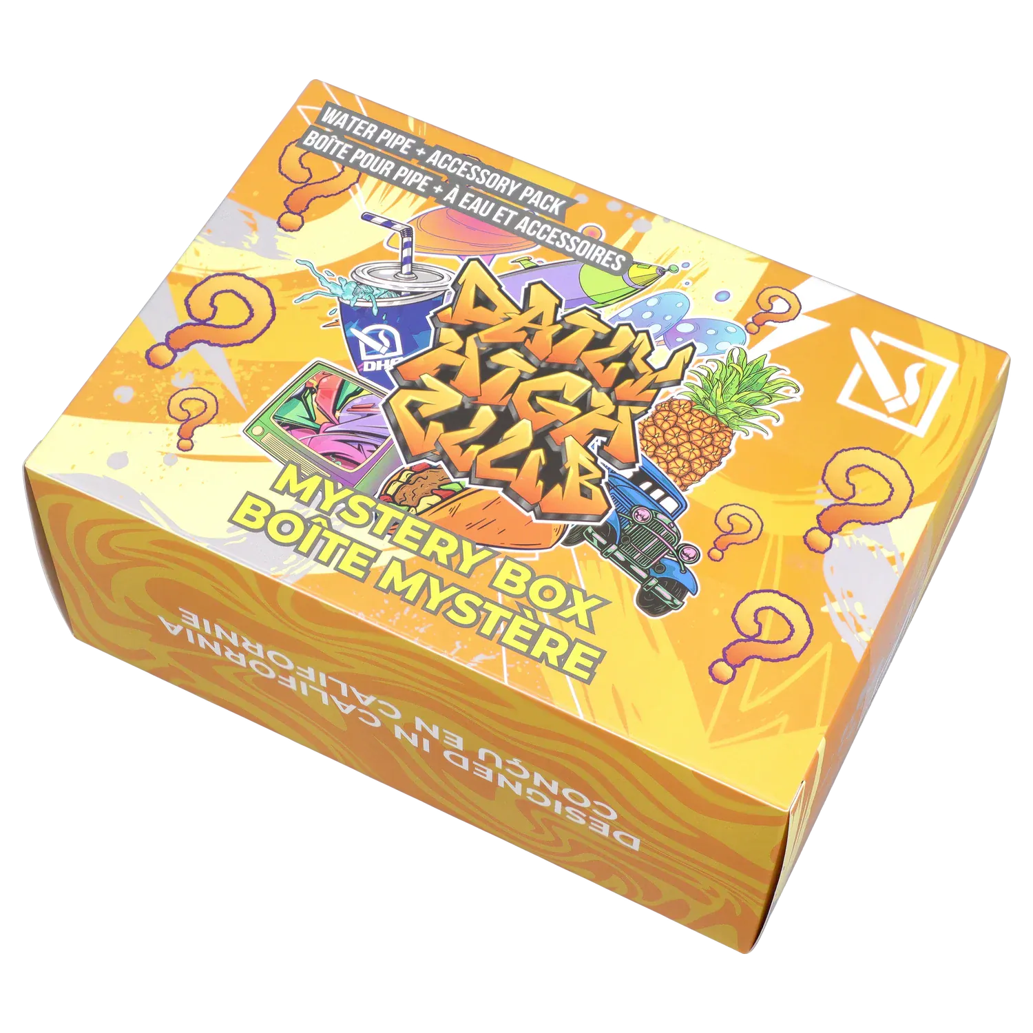 Angled top view of the bright orange DHC - Mystery Box - Deep Sea Adventure with colorful graffiti graphics and question marks.