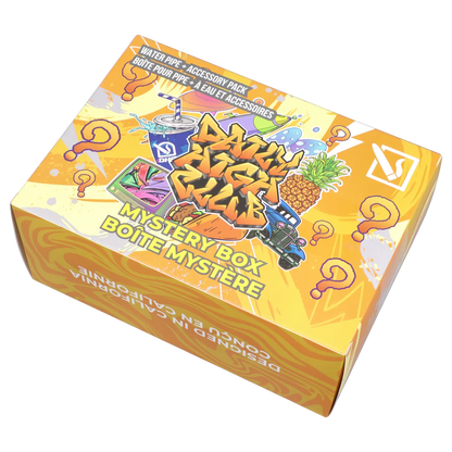 Angled top view of the bright orange DHC - Mystery Box - Deep Sea Adventure with colorful graffiti graphics and question marks.