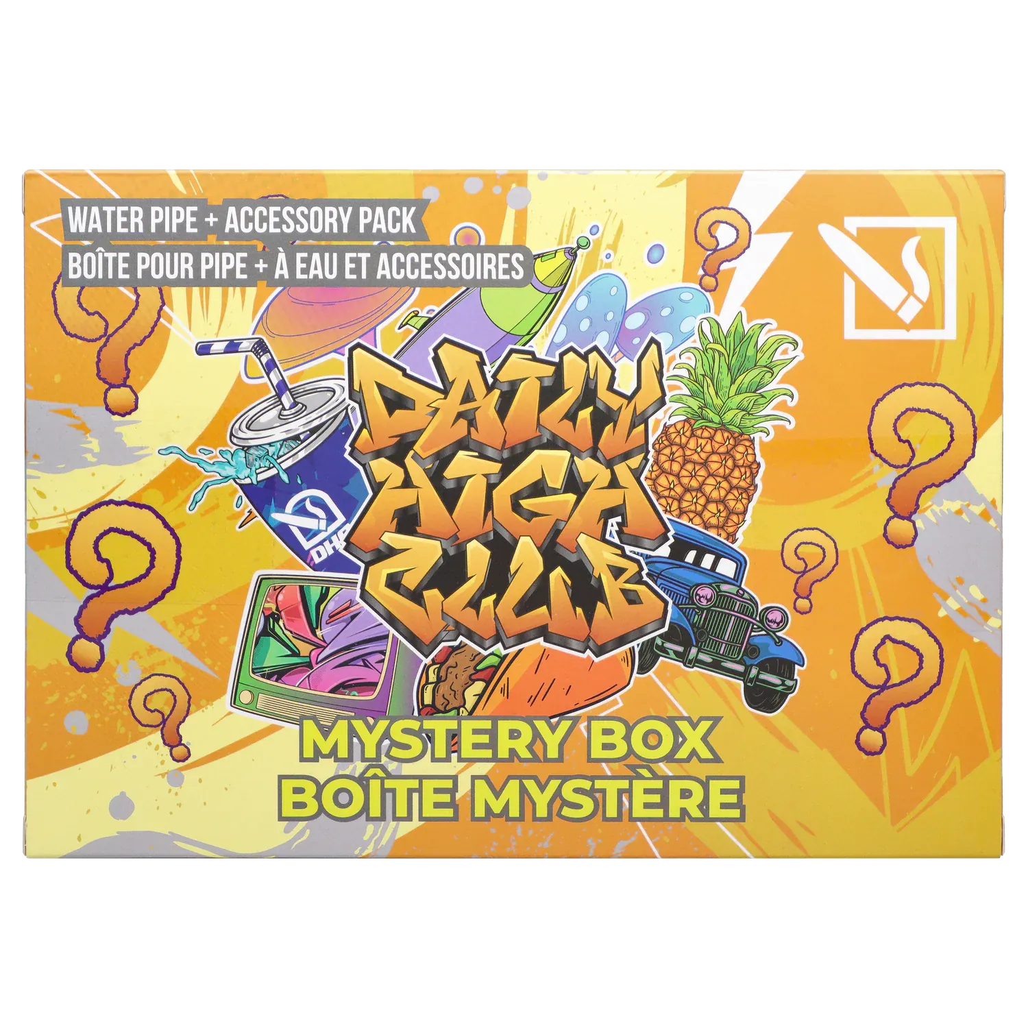 Front-facing colorful box top with graffiti-style art and question marks reading "DHC - Mystery Box - Deep Sea Adventure."