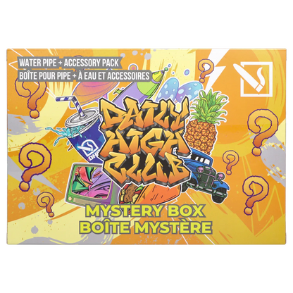 Front-facing colorful box top with graffiti-style art and question marks reading "DHC - Mystery Box - Deep Sea Adventure."