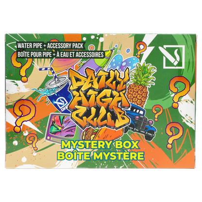 Top-down view of colorful graffiti-style artwork on the DHC- Mystery Box - Dank City packaging featuring a pineapple, vintage car, drink cup, and scattered question marks