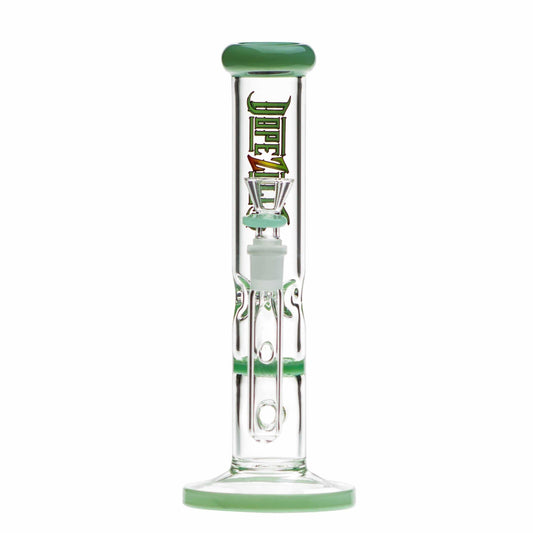 A front view of the 8.5-inch Dopezilla Mutos Water Pipe in milky jade, showcasing its clear glass construction and simple design.