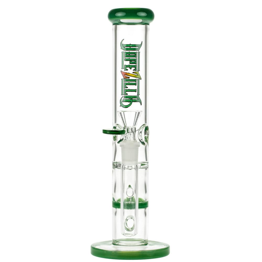A straight-on view of the 10-inch Dopezilla Mutos Water Pipe in milky jade, showcasing its cylindrical shape and clear glass construction.