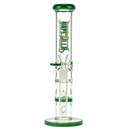 A straight-on view of the 10-inch Dopezilla Mutos Water Pipe in milky jade, showcasing its cylindrical shape and clear glass construction.