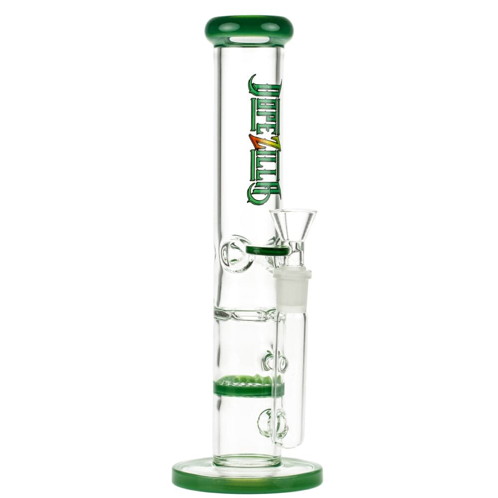 Front view of the 10-inch Dopezilla Mutos Water Pipe in milky jade, showcasing its sleek, cylindrical form and clear glass construction.