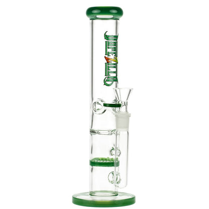 Front view of the 10-inch Dopezilla Mutos Water Pipe in milky jade, showcasing its sleek, cylindrical form and clear glass construction.