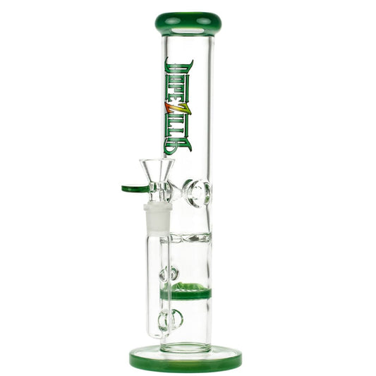 A front view of the 10-inch Dopezilla Mutos Water Pipe in milky jade, displaying its sleek, cylindrical shape and clear glass construction.