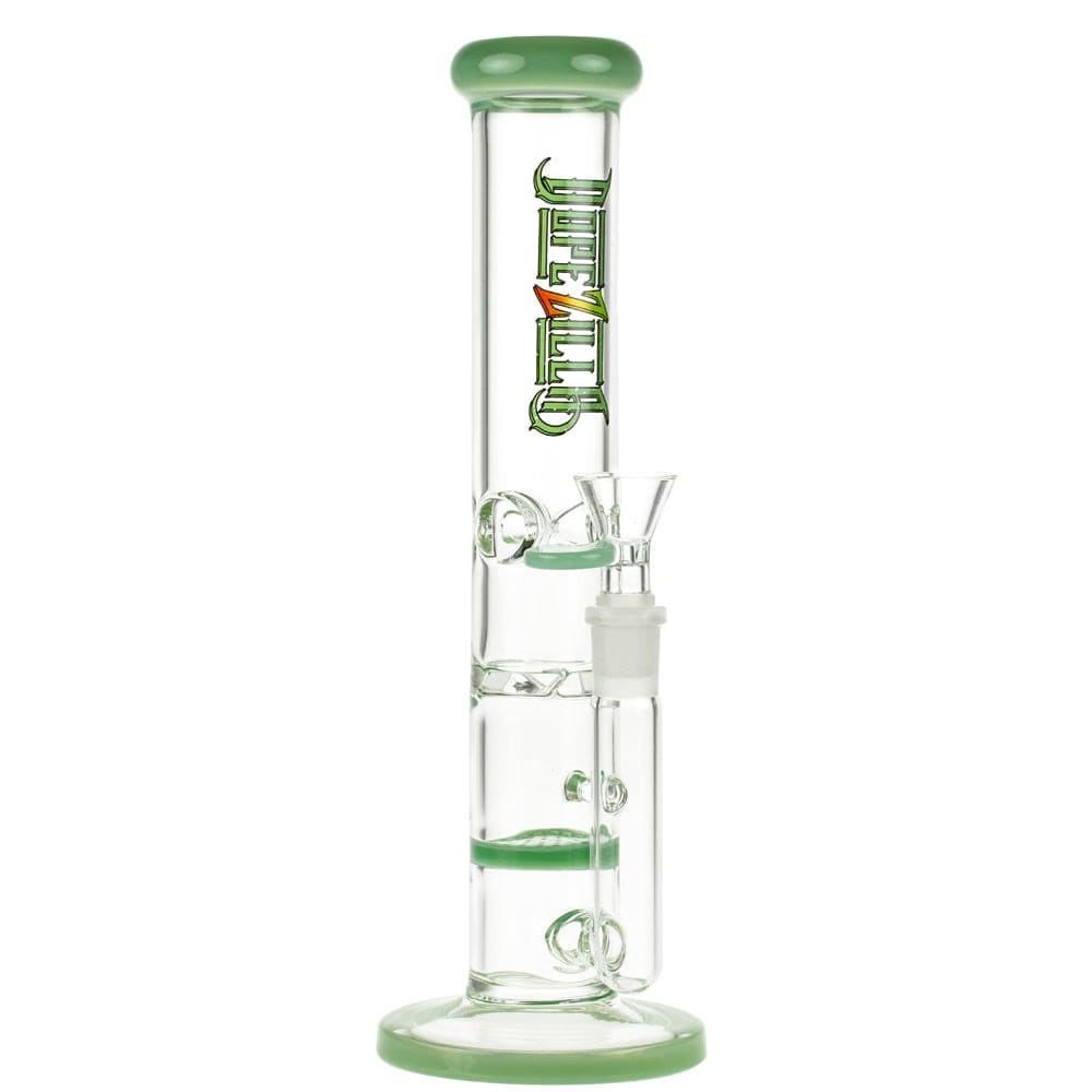 Front view of the 10-inch Dopezillla Mutos Water Pipe in milky jade, showcasing its simple cylindrical shape and clear glass construction.